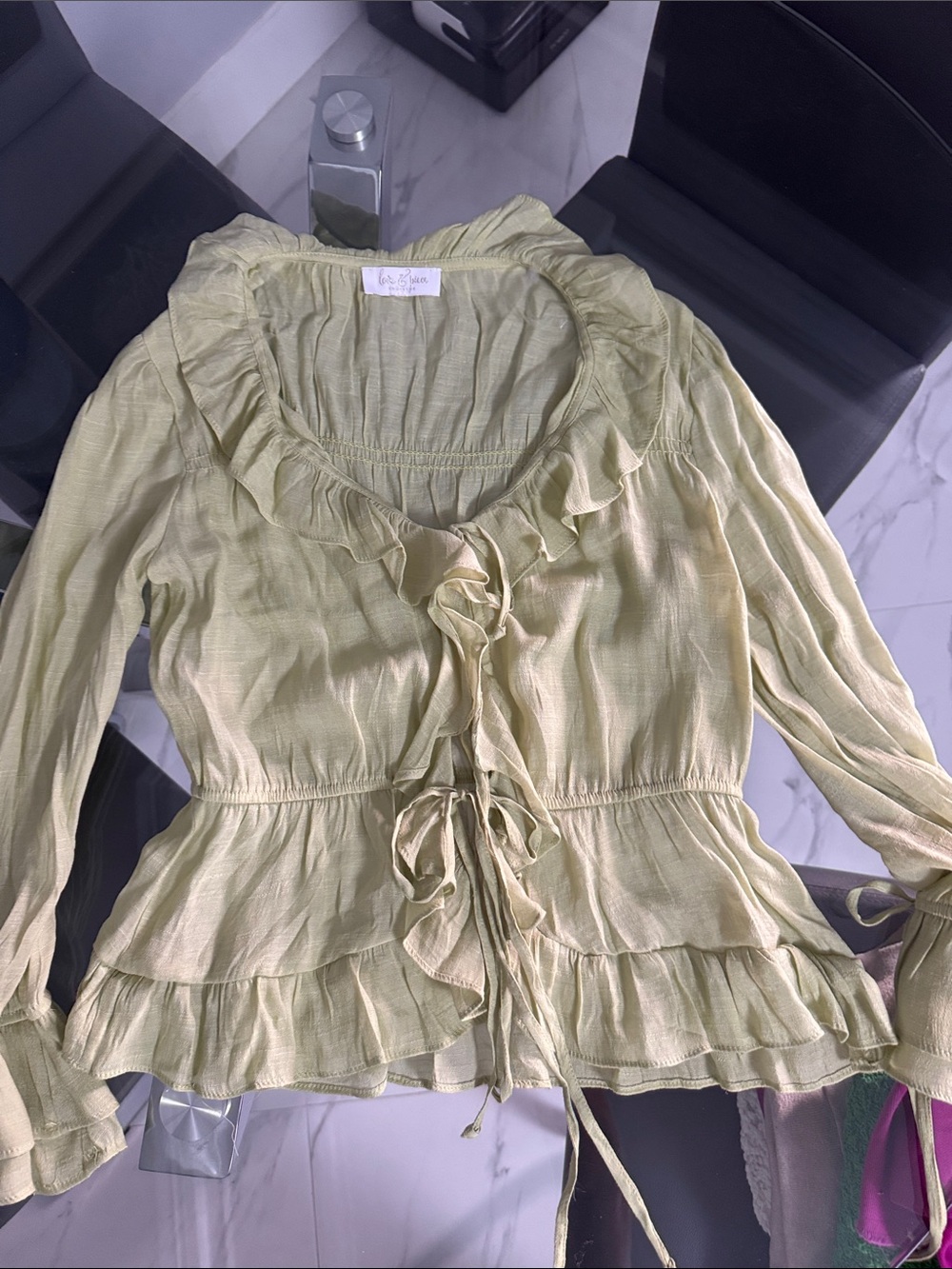 Ruffled Tie-Front Women's Blouse in Light Green